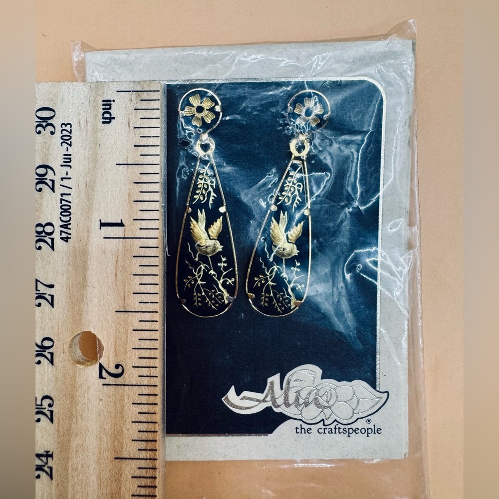 Alia Black and Gold Floral Bird Earrings - Picture 6 of 8